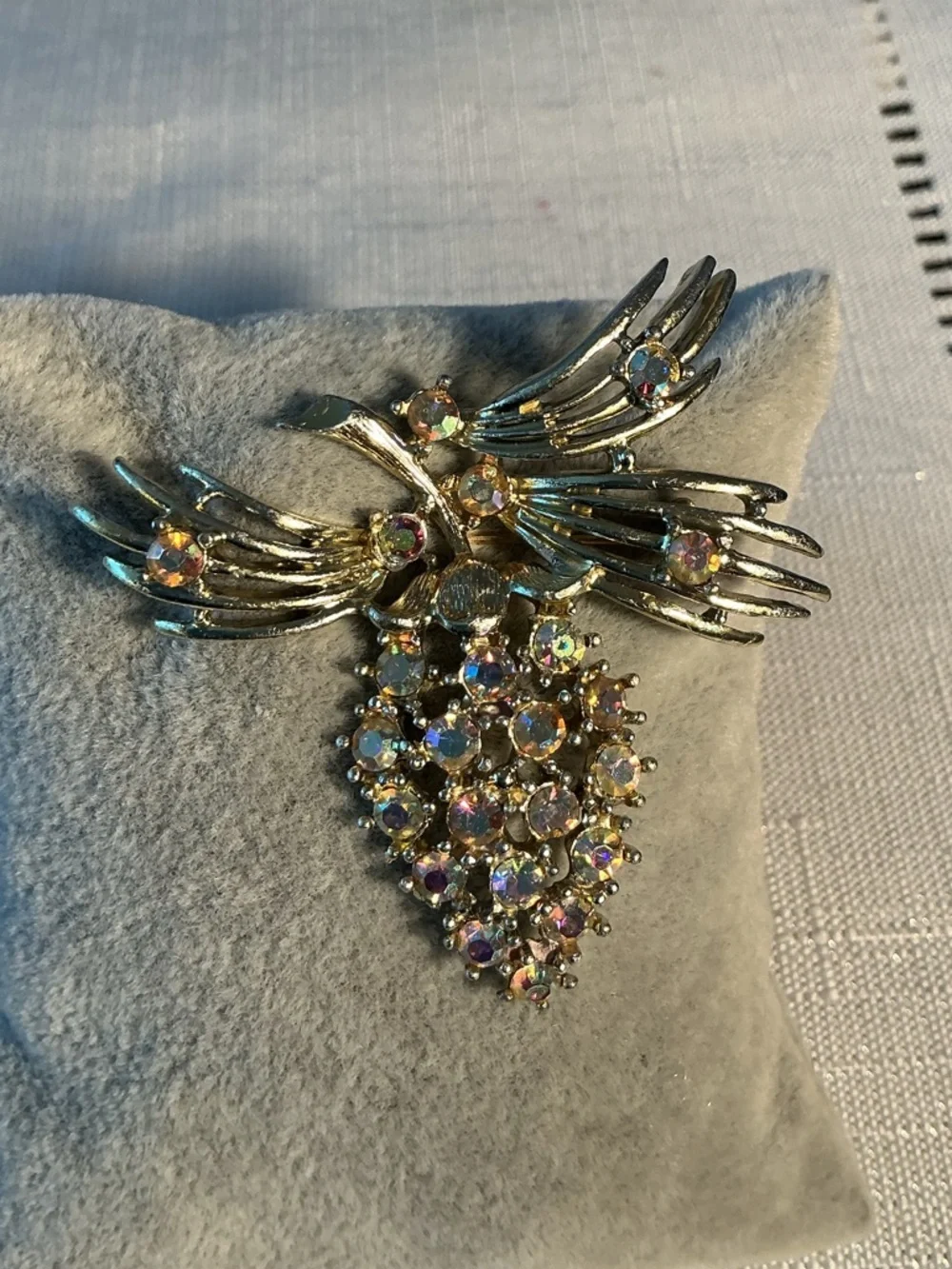 Hummingbird and Grape Aurora Borealis Gold Tone Brooch